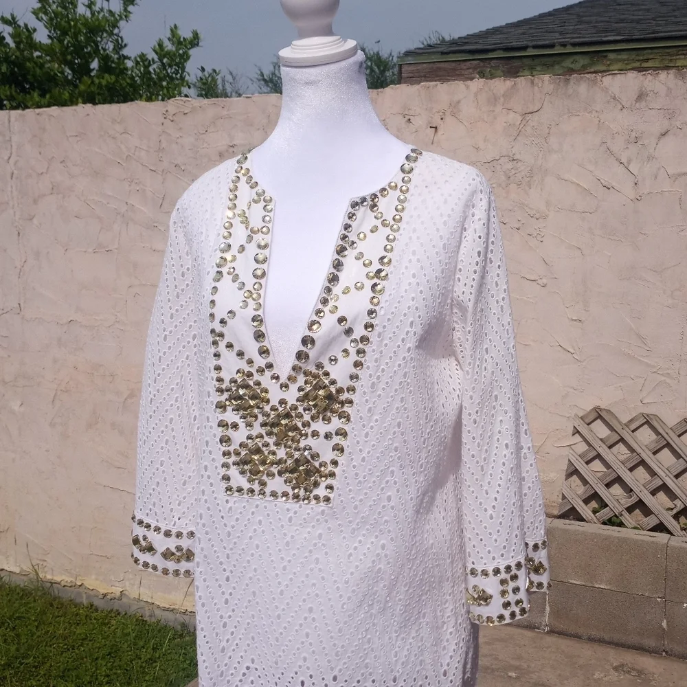 Juliette Eyelet Bejeweled Rhinestone Tunic Top Swim Coverup Women Size Medium